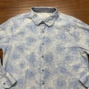Robert Graham Button Up Shirt L Blue Floral Linen Blend Long Sleeve City Modern